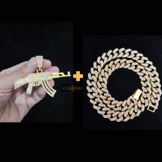 Pingente AK47 + Corrente Cuban 13mm de brinde - ICE BRO JOIAS
