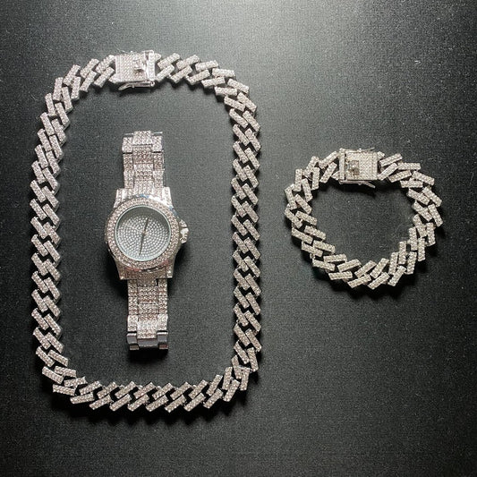 Kit Prong ICE 3 peças - Corrente 13mm, Pulseira 13mm e Relógio Cravejado - ICE BRO JOIAS