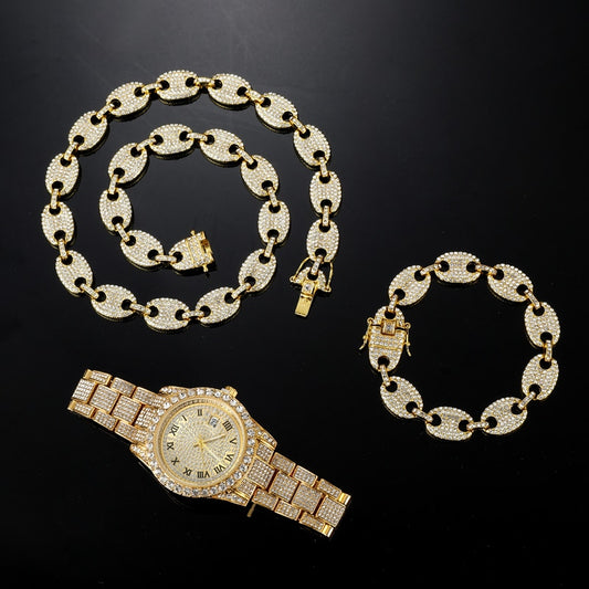 Kit Cravejado ICE Corrente 50cm, Pulseira 20cm ELOS 13mm e Relógio HOLLY - ICE BRO JOIAS