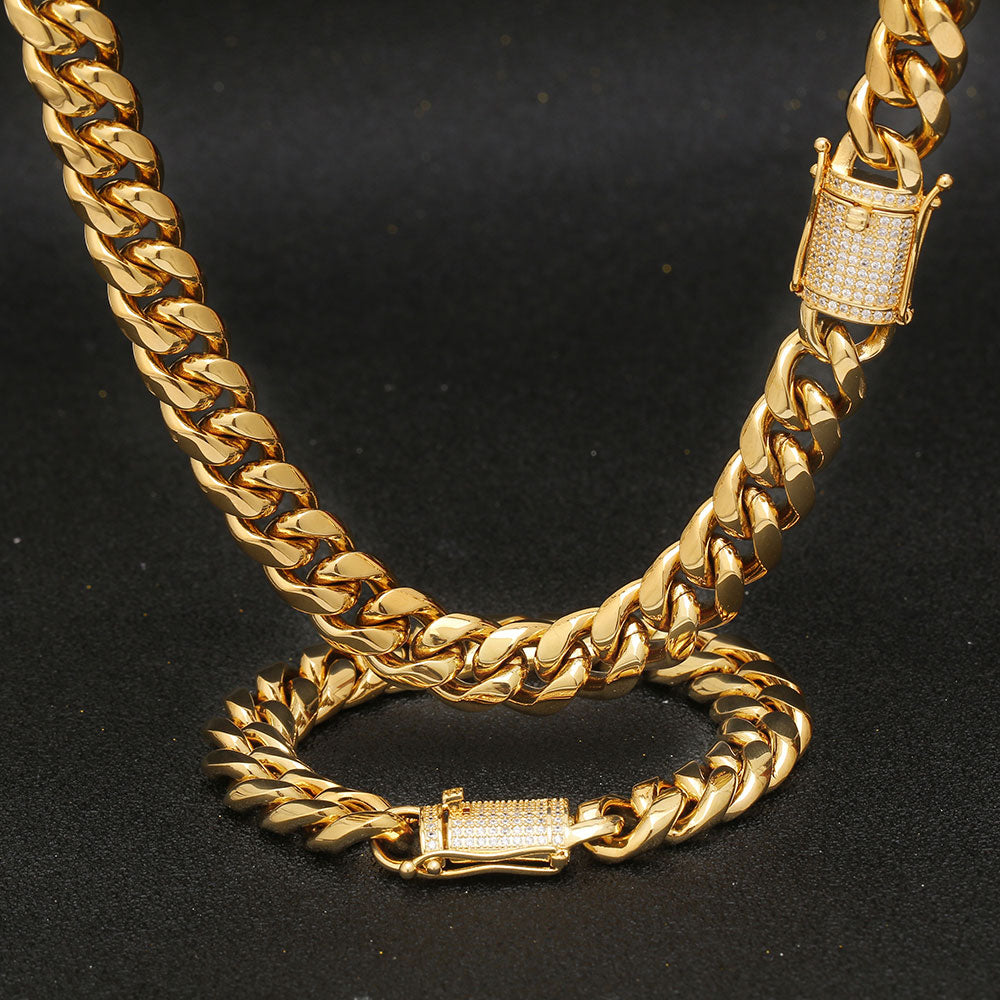 Kit 18K de 12mm - Corrente e Pulseira - Fecho Gaveta Cravejado - ICE BRO JOIAS