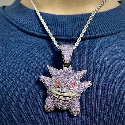 Pingente Gengar, cravejado a mão de verdade. Com Corrente Rope de brinde - Peça Premium (resistente à água) - ICE BRO JOIAS
