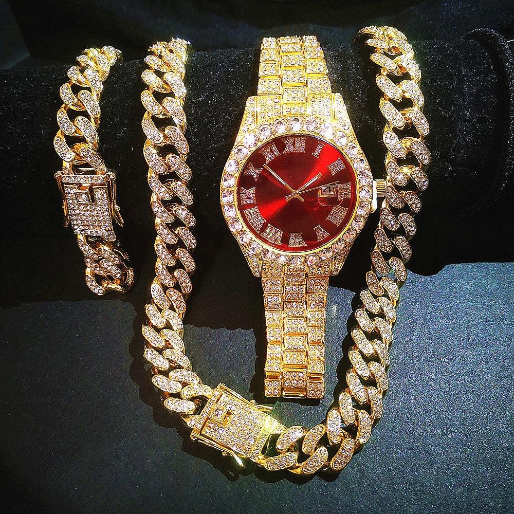 Kit Ice Bro Joias cravejado Relógio, Corrente e Pulseira - ICE BRO JOIAS