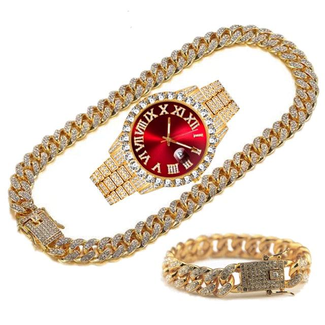Kit Ice Bro Joias cravejado Relógio, Corrente e Pulseira - ICE BRO JOIAS