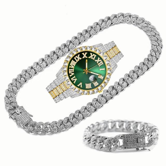 Kit Ice Bro Joias cravejado Relógio, Corrente e Pulseira - ICE BRO JOIAS