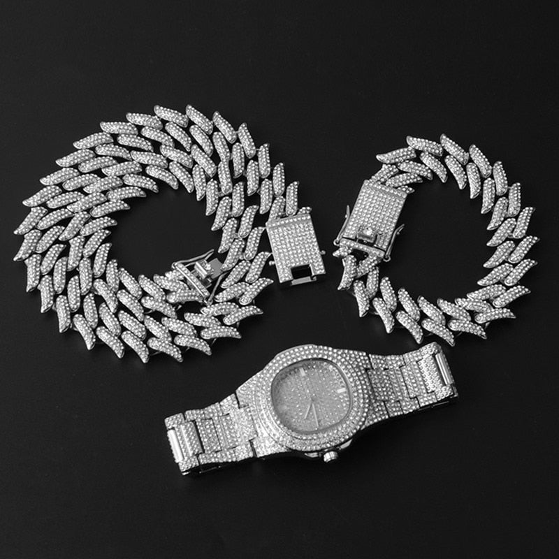 Kit Spiked Ice 3 peças Corrente 19mm + Pulseira 19mm + Relógio - ICE BRO JOIAS