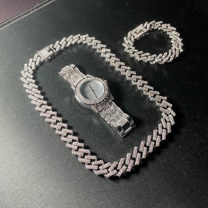 Kit Prong ICE 3 peças - Corrente 13mm, Pulseira 13mm e Relógio Cravejado - ICE BRO JOIAS