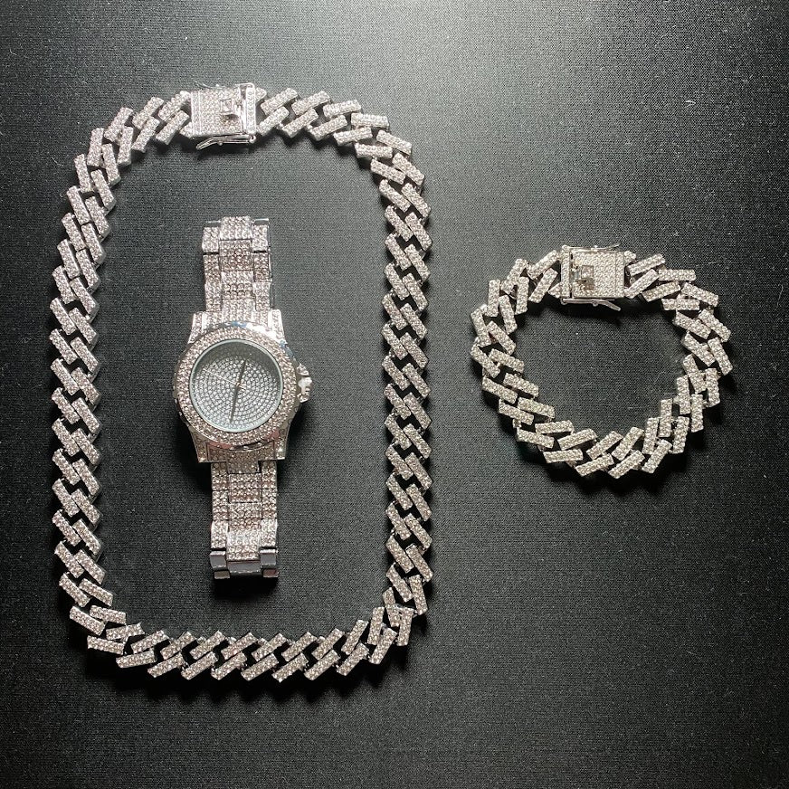 Kit Prong ICE 3 peças - Corrente 13mm, Pulseira 13mm e Relógio Cravejado - ICE BRO JOIAS