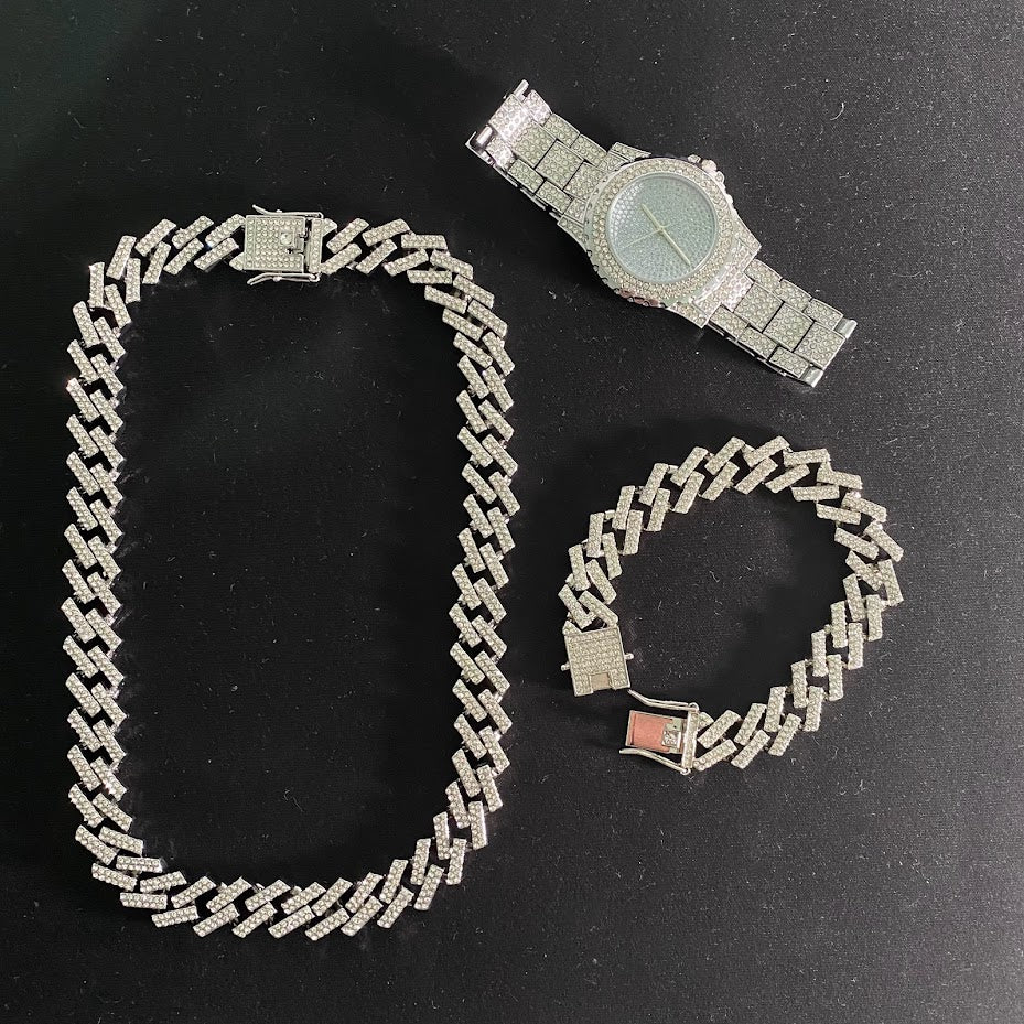 Kit Prong ICE 3 peças - Corrente 13mm, Pulseira 13mm e Relógio Cravejado - ICE BRO JOIAS
