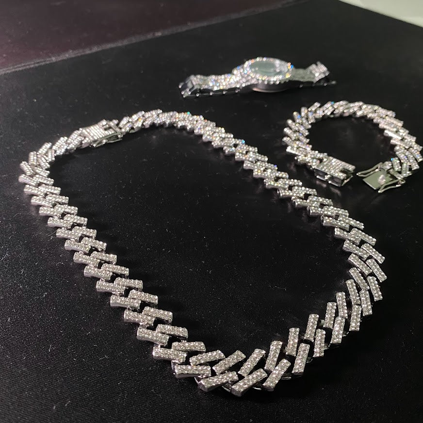 Kit Prong ICE 3 peças - Corrente 13mm, Pulseira 13mm e Relógio Cravejado - ICE BRO JOIAS