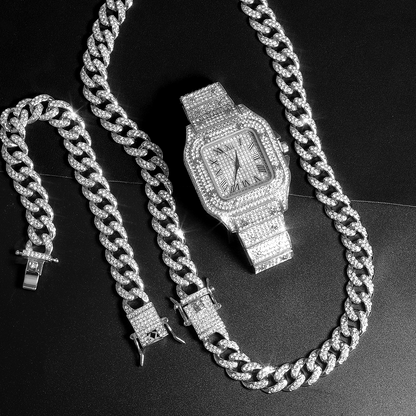 Kit Ice 3 peças - Relógio Luxury, Corrente e Pulseira Cuban de 16mm - ICE BRO JOIAS