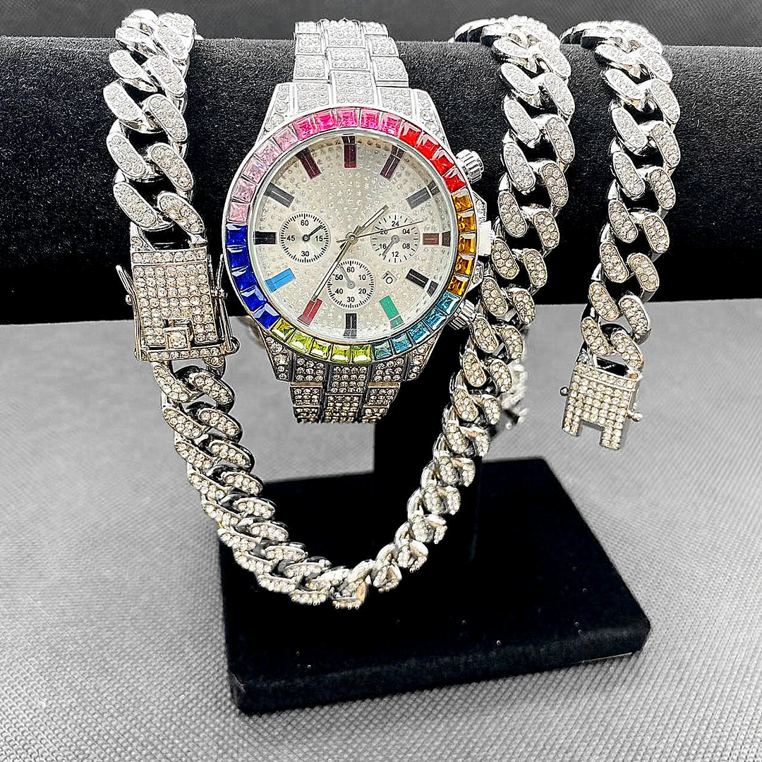 Kit Ice 3 peças - Relógio Rainbow, Corrente e Pulseira Cuban - ICE BRO JOIAS