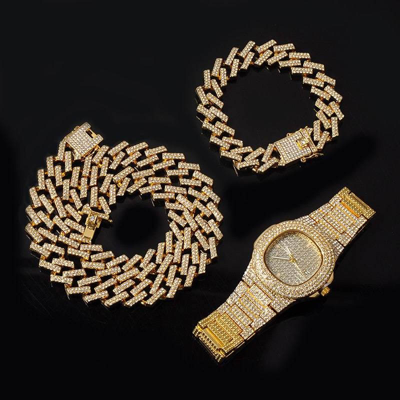 Kit Cravejado ICE Corrente 50cm, Pulseira 20cm Prong 12mm e Relógio Luxury ICE - ICE BRO JOIAS