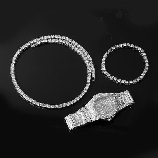 Kit Ice 3 peças - Corrente Riviera 5mm (50cm) + Pulseira Riviera (20cm) + Relógio Cravejado - ICE BRO JOIAS