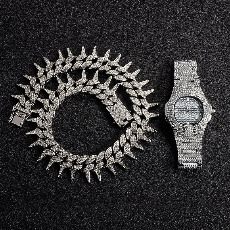 Kit Ice 2 peças - Corrente Spiked 25mm (50cm) + Relógio Cravejado - ICE BRO JOIAS