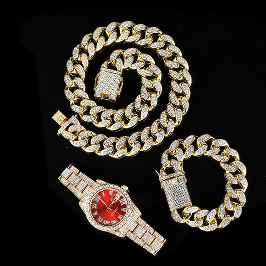 Kit Ice 3 peças - Corrente Cuban 20mm (50cm) + Pulseira Cuban (20cm) + Relógio Holly Cravejado - ICE BRO JOIAS