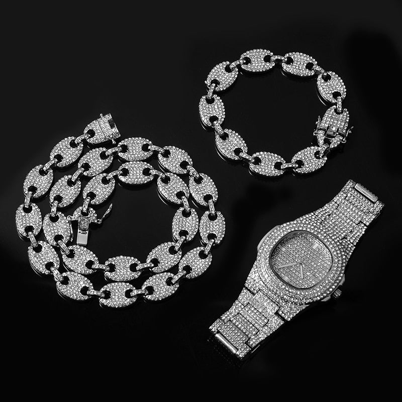 Kit Cravejado ICE Corrente 50cm, Pulseira 20cm ELOS 13mm e Relógio Luxury ICE - ICE BRO JOIAS