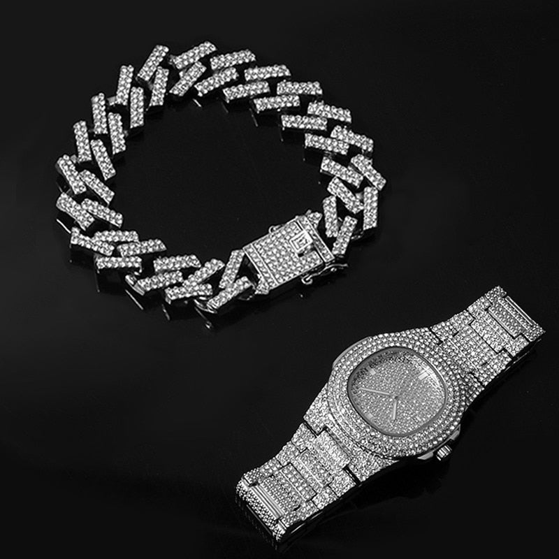 Kit Cravejado ICE Corrente 50cm, Pulseira 20cm Prong 12mm e Relógio Luxury ICE - ICE BRO JOIAS