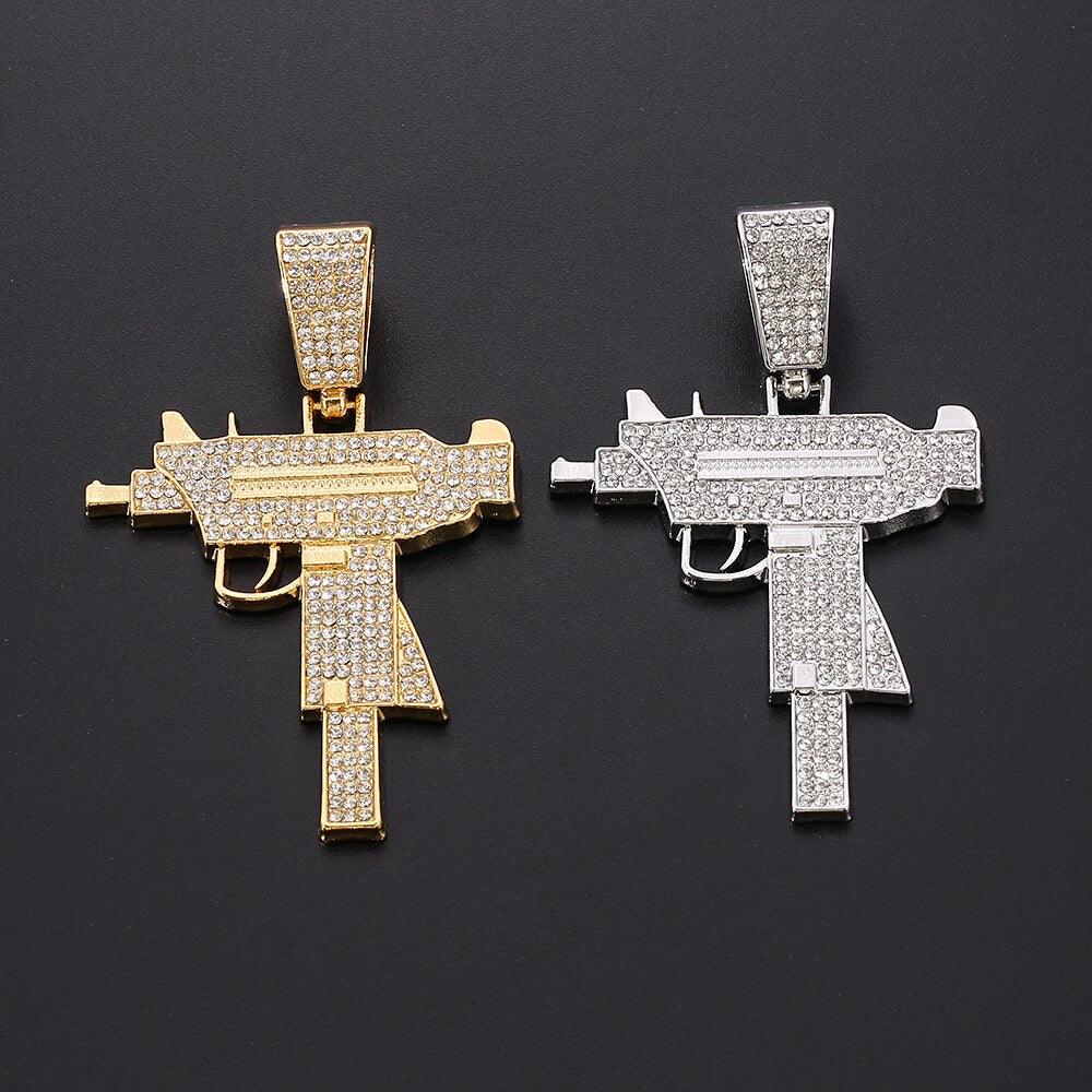 Pingente Uzi cravejada Arma e Corrente Cuban de brinde - ICE BRO JOIAS