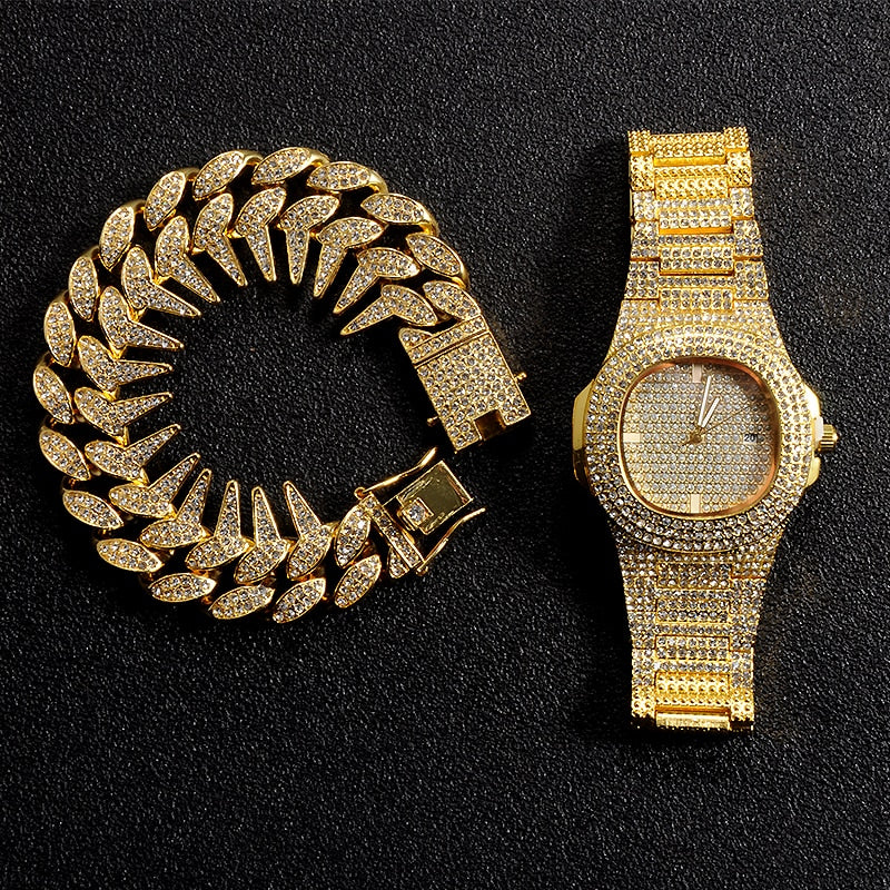 Kit Ice 2 peças - Pulseira Spiked 25mm (20cm) + Relógio Cravejado - ICE BRO JOIAS