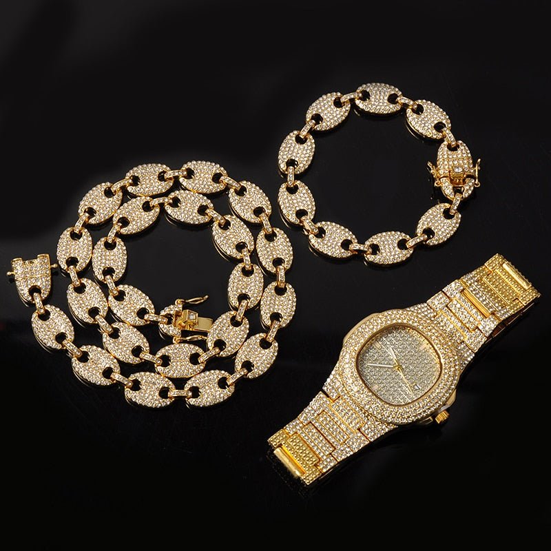 Kit Cravejado ICE Corrente 50cm, Pulseira 20cm ELOS 13mm e Relógio Luxury ICE - ICE BRO JOIAS