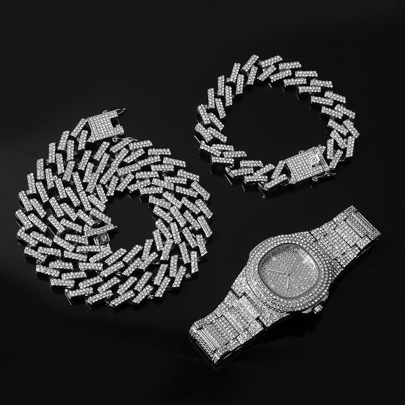 Kit Cravejado ICE Corrente 50cm, Pulseira 20cm Prong 12mm e Relógio Luxury ICE - ICE BRO JOIAS