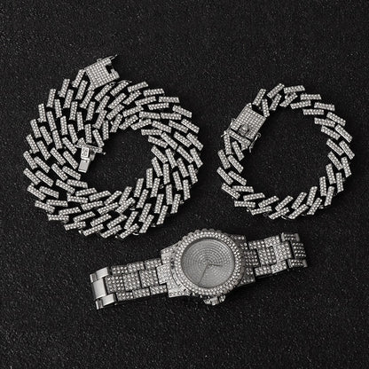 Kit Prong ICE 3 peças - Corrente 13mm, Pulseira 13mm e Relógio Cravejado - ICE BRO JOIAS
