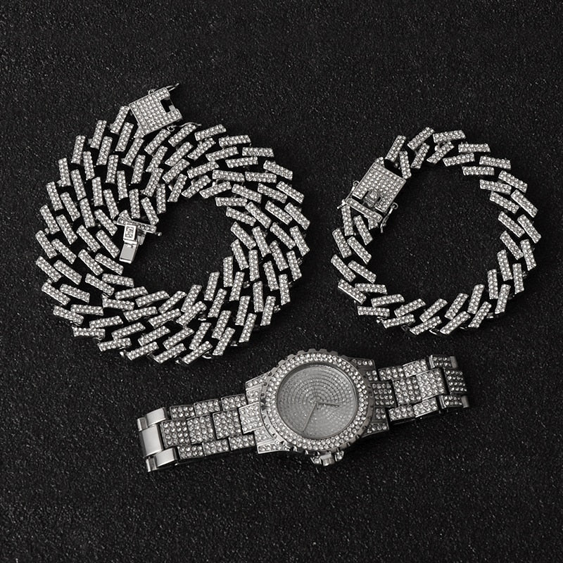 Kit Prong ICE 3 peças - Corrente 13mm, Pulseira 13mm e Relógio Cravejado - ICE BRO JOIAS