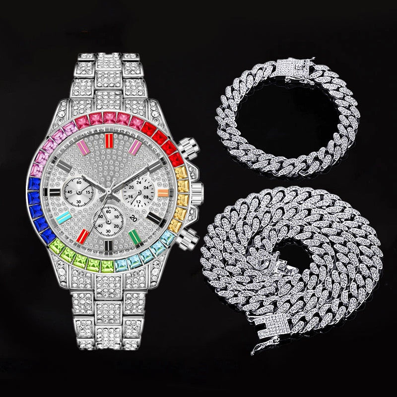 Kit Ice 3 peças - Relógio Rainbow, Corrente e Pulseira Cuban - ICE BRO JOIAS