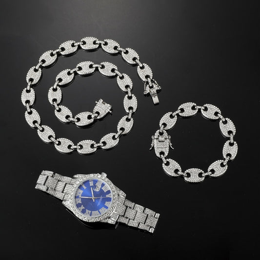 Kit Cravejado ICE Corrente 50cm, Pulseira 20cm ELOS 13mm e Relógio HOLLY - ICE BRO JOIAS