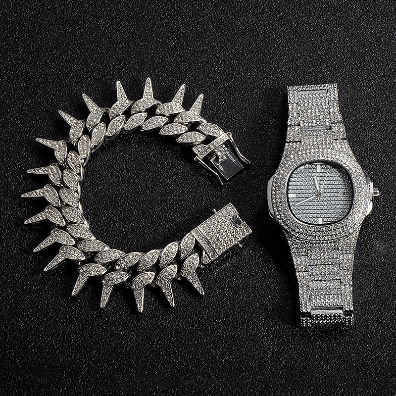 Kit Ice 2 peças - Pulseira Spiked 25mm (20cm) + Relógio Cravejado - ICE BRO JOIAS