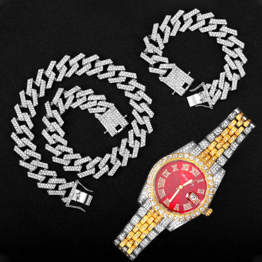 Kit Cravejado ICE - Corrente Prong 20mm, Pulseira Prong 20cm e Relógio Holly - ICE BRO JOIAS