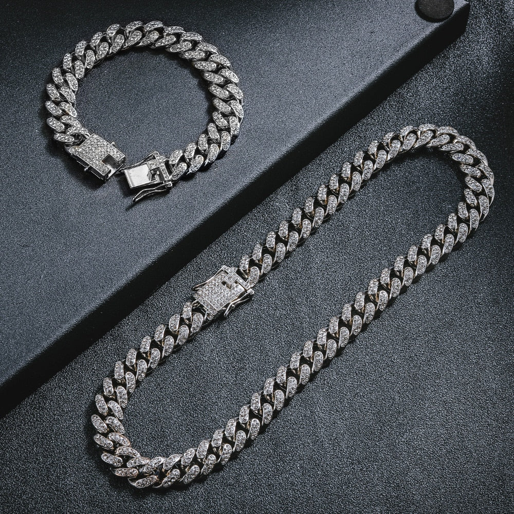 Kit Cravejada ICE Cuban 13mm - Corrente Cuban + Pulseira Cuban - ICE BRO JOIAS