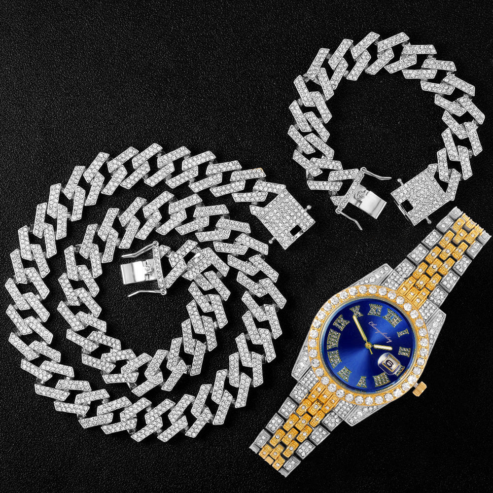 Kit Cravejado ICE - Corrente Prong 20mm, Pulseira Prong 20cm e Relógio Holly - ICE BRO JOIAS