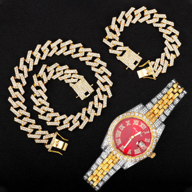 Kit Cravejado ICE - Corrente Prong 20mm, Pulseira Prong 20cm e Relógio Holly - ICE BRO JOIAS