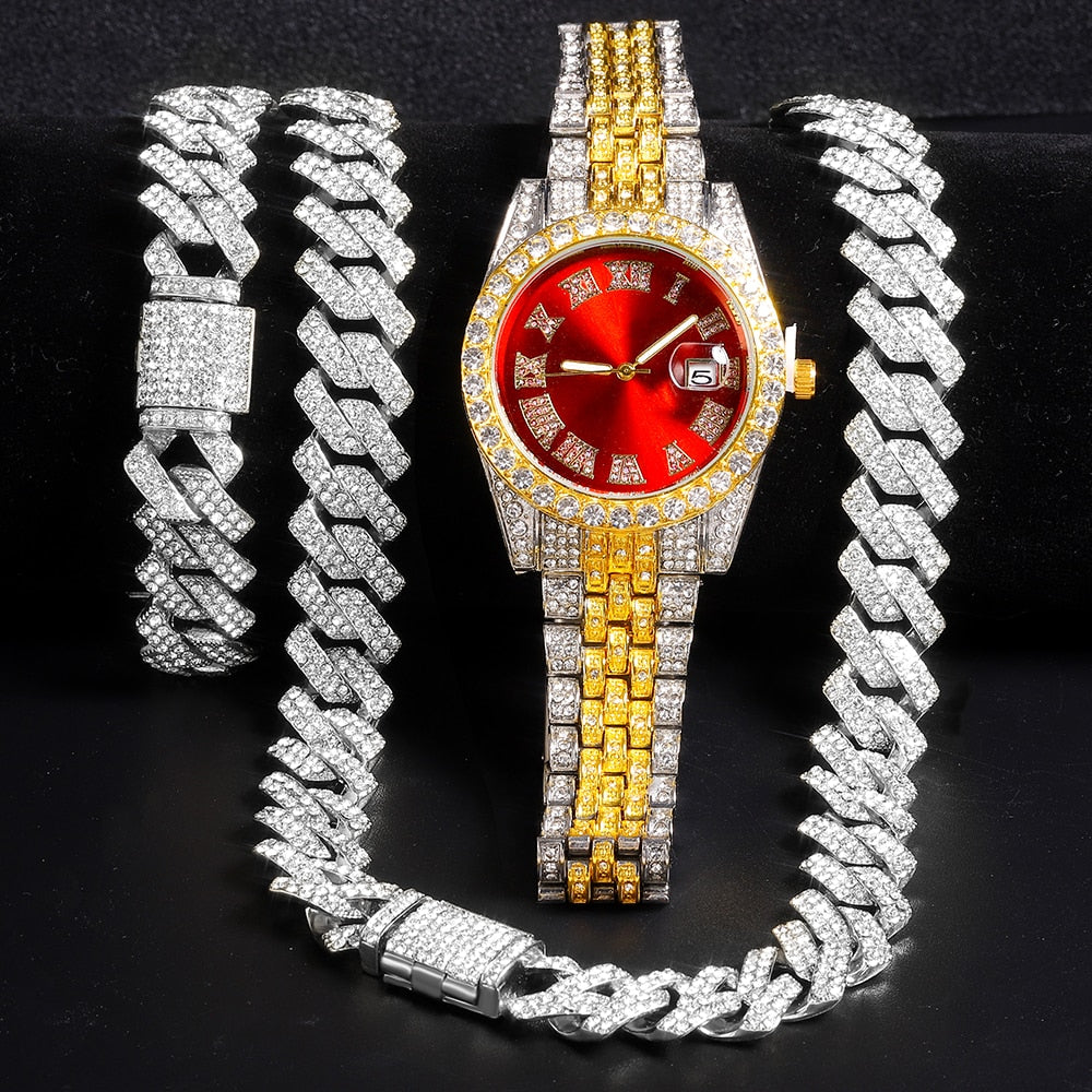 Kit ICE 3 Peças - Corrente Prong 16mm com Pulseira e Relógio Holly - ICE BRO JOIAS