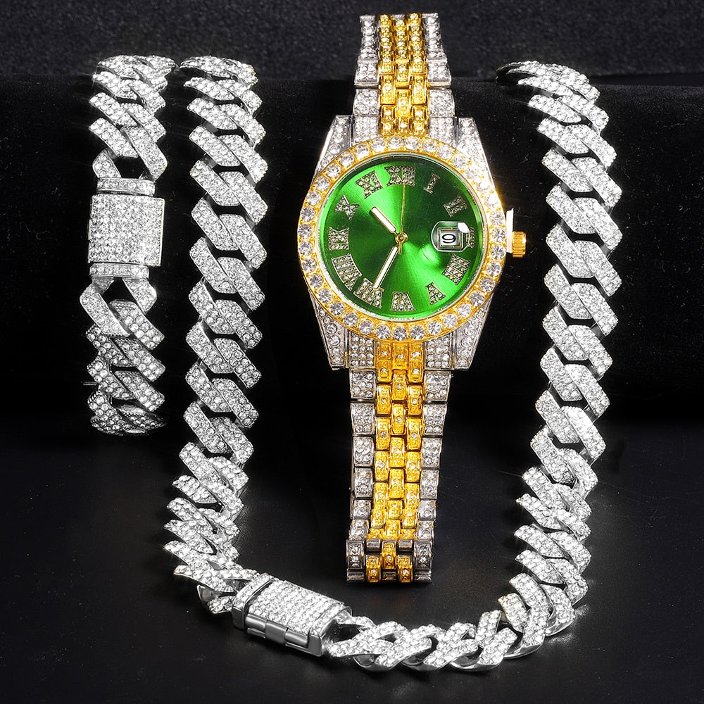 Kit ICE 3 Peças - Corrente Prong 16mm com Pulseira e Relógio Holly - ICE BRO JOIAS