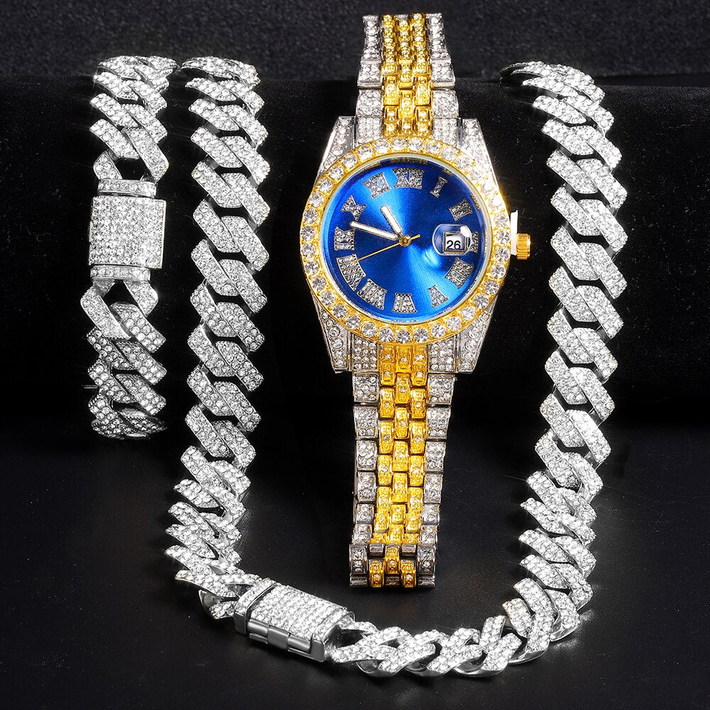 Kit ICE 3 Peças - Corrente Prong 16mm com Pulseira e Relógio Holly - ICE BRO JOIAS