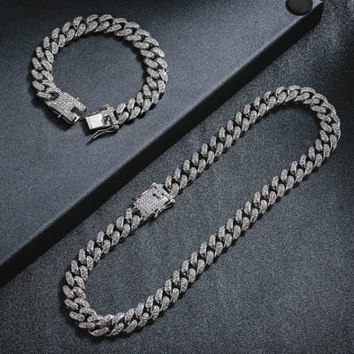 Kit Cravejada ICE Cuban 13mm - Corrente Cuban + Pulseira Cuban - ICE BRO JOIAS