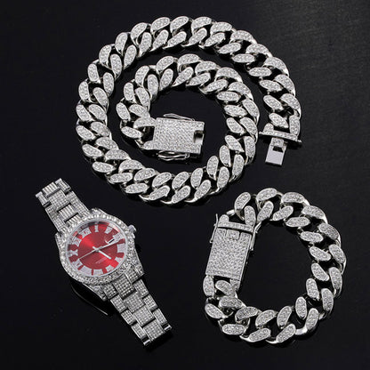 Kit Ice 3 peças - Corrente Cuban 20mm (50cm) + Pulseira Cuban (20cm) + Relógio Holly Cravejado - ICE BRO JOIAS