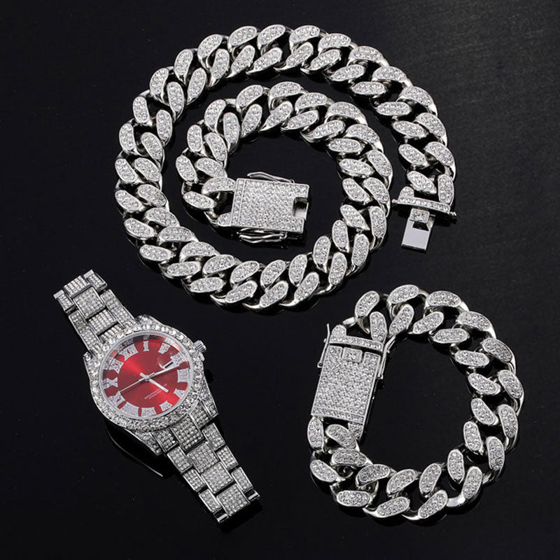 Kit Ice 3 peças - Corrente Cuban 20mm (50cm) + Pulseira Cuban (20cm) + Relógio Holly Cravejado - ICE BRO JOIAS