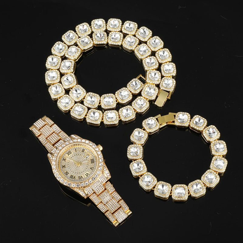 Kit Cravejado ICE Corrente 50cm, Pulseira 20cm Baguette 12mm e Relógio HOLLY - ICE BRO JOIAS